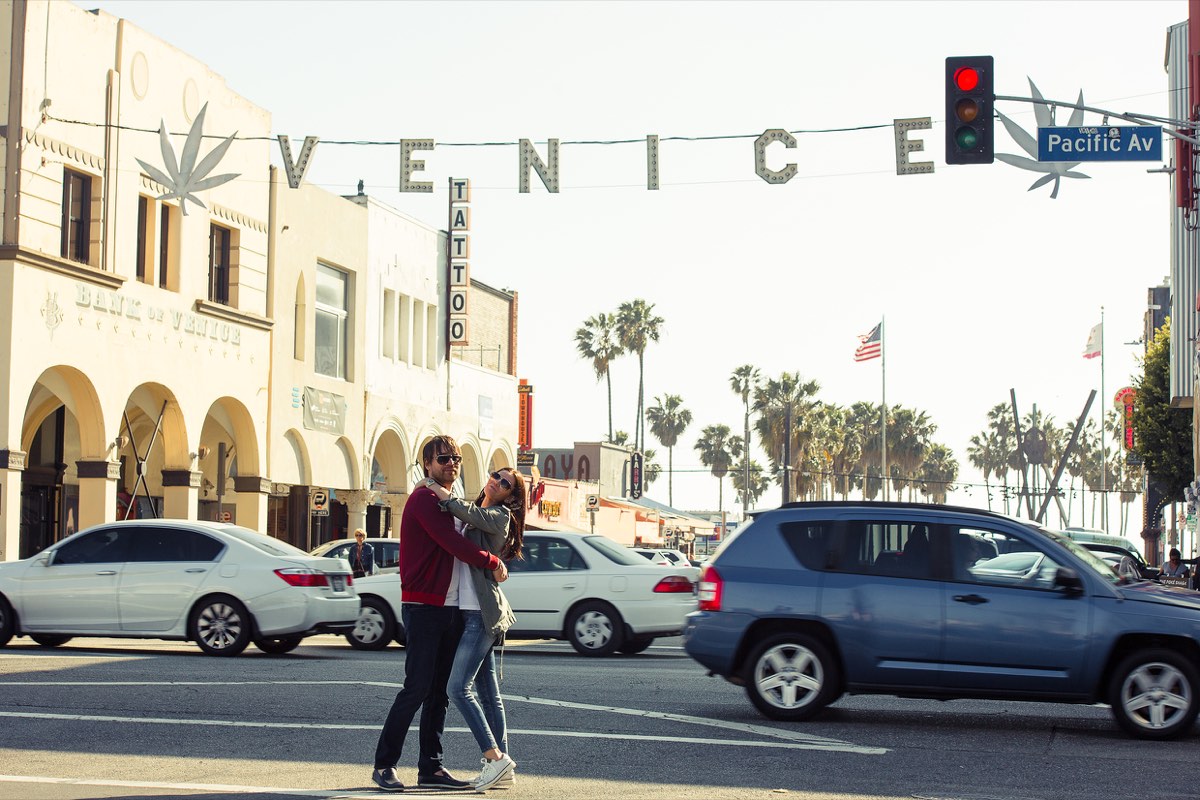 Guests at the Venice Beach sign on a full-day LA tour