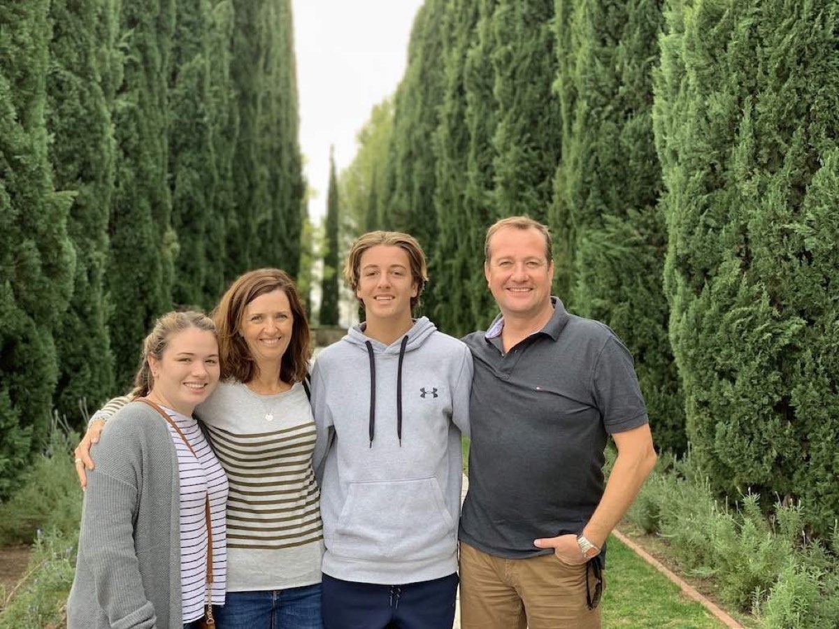 Family at Greystone Mansion gardens on a full-day LA tour