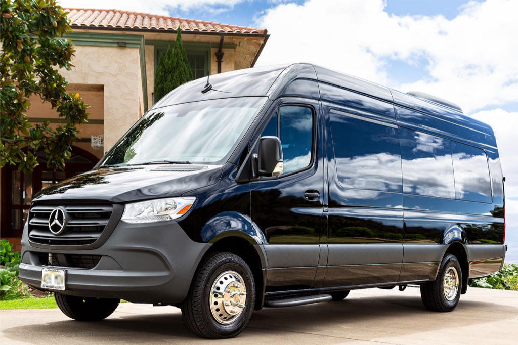 Black Mercedes-Benz Sprinter van for corporate group tours in Los Angeles