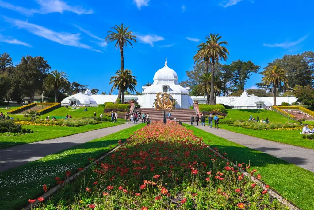 Conservatory of Flowers and flower beds in San Francisco's Golden Gate Park