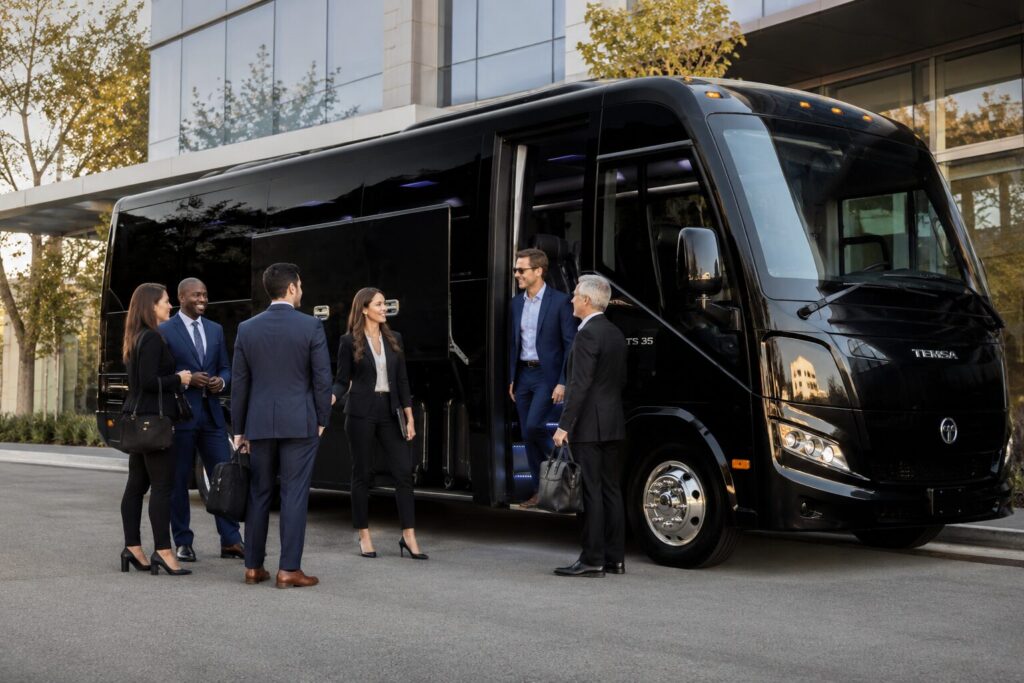 Mini-coach interior with seated corporate guests